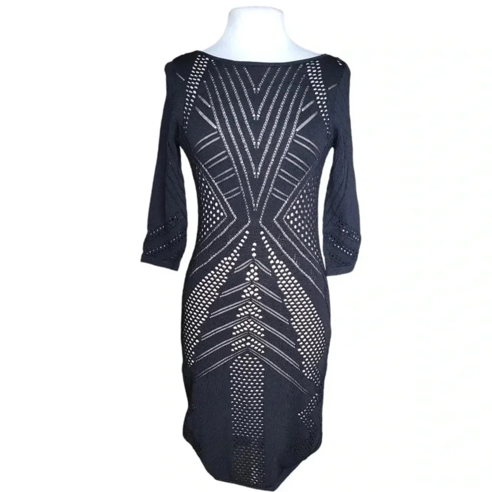 Calvin Klein black laser cut bodycon dress round neck 3/4 sleeves excellent S - Picture 3 of 9